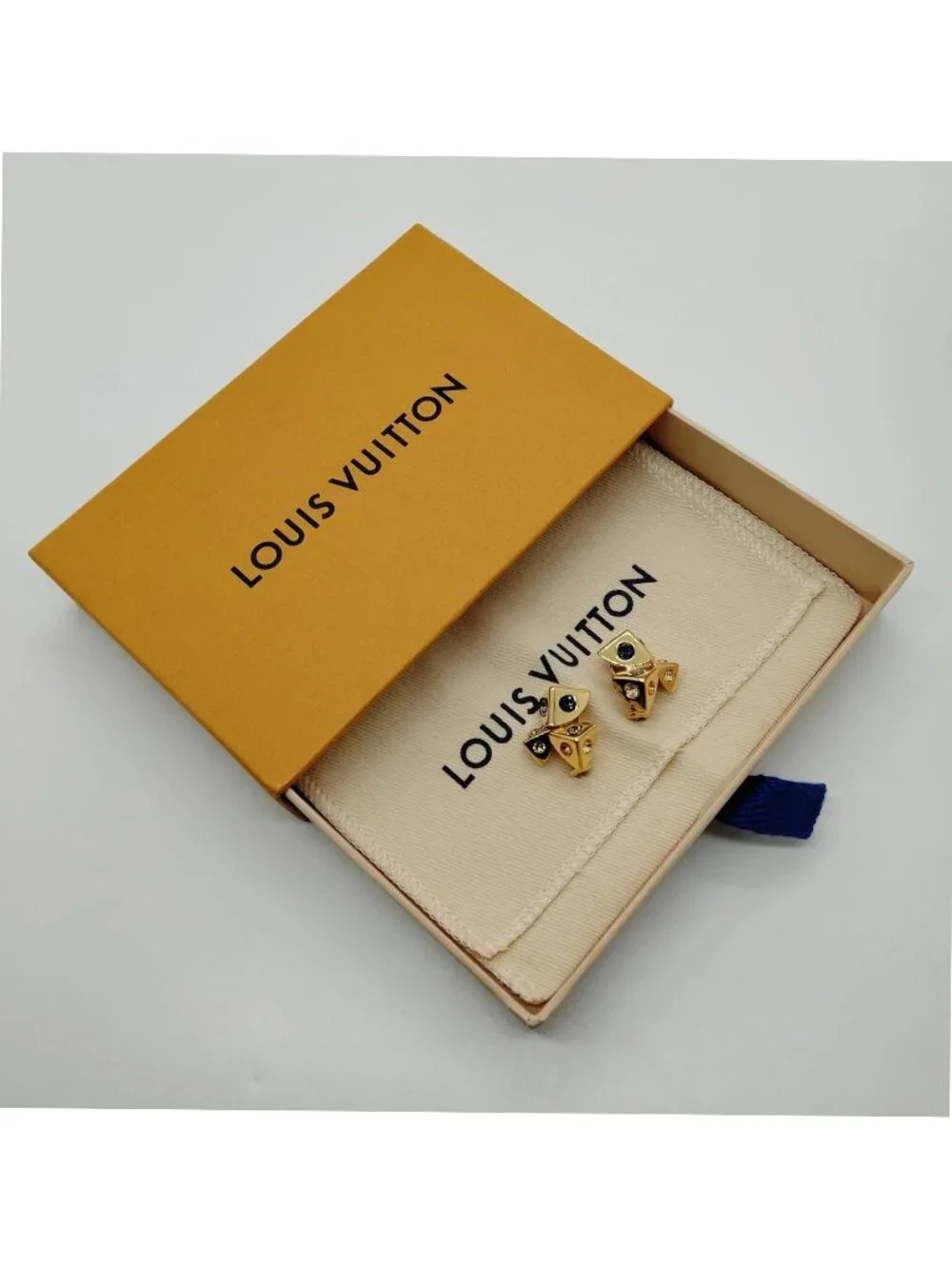Authentic Louis Vuitton Gold Tone LV Icon Stud Earrings Crystal Designer Jewelry